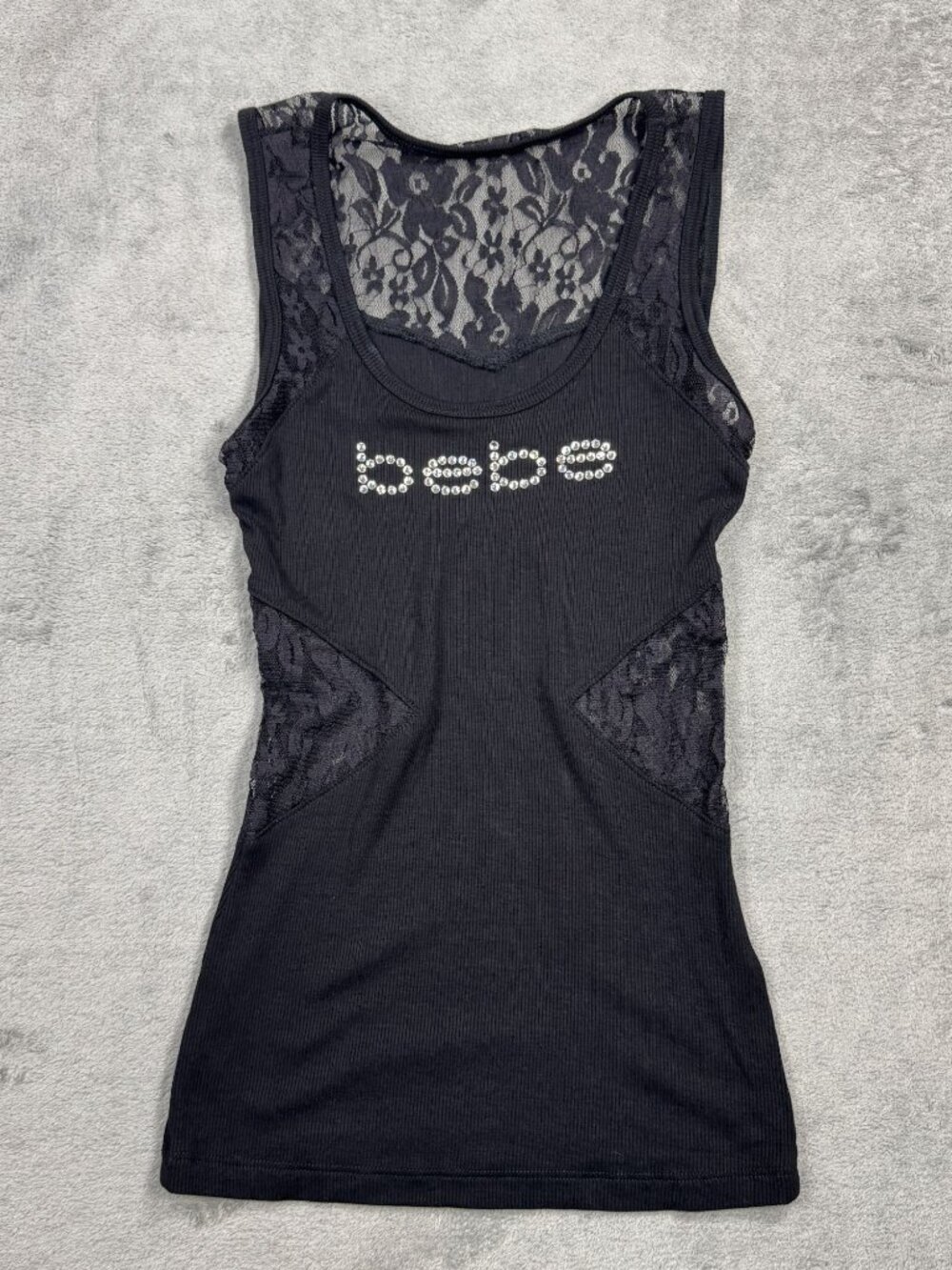 Y2K 2000s Bebe Rhinestone Logo Black Fitted Lace Tank Top McBling Whimsigoth